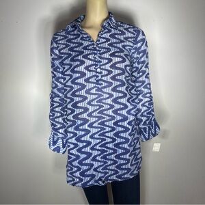 Oliphant Blue Zigzag 100% cotton‎ lightweight long sleeve top Women's size Small